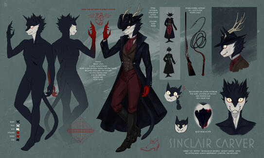 Sinclair Carver Reference Sheet A ref sheet for my character. Originally a cat in a 1940s world, she got caught in an artificial black hole experiment. An accident happened, and while she survived, she wasn't quite a "cat" anymore...