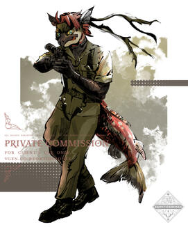 Coloured Commission for "N" The client's salmon-dragon character in the style of Yoji Shinkawa, referencing the video game Metal Gear Solid 3.