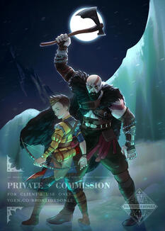 Coloured Commission for "H" A custom piece featuring characters from God of War for Magic the Gathering card sleeves.